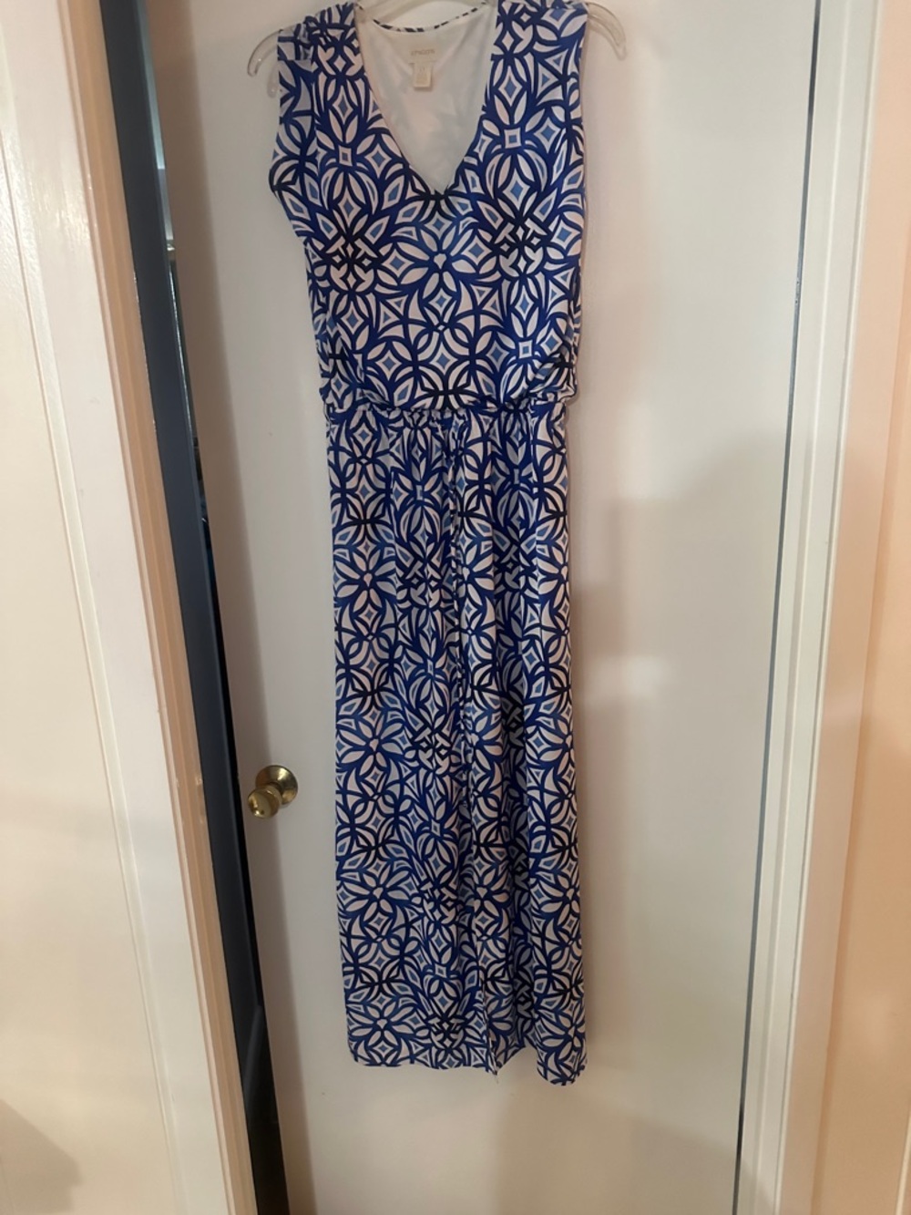 Chico's Blue and White Geometric V-Neck Maxi Dress